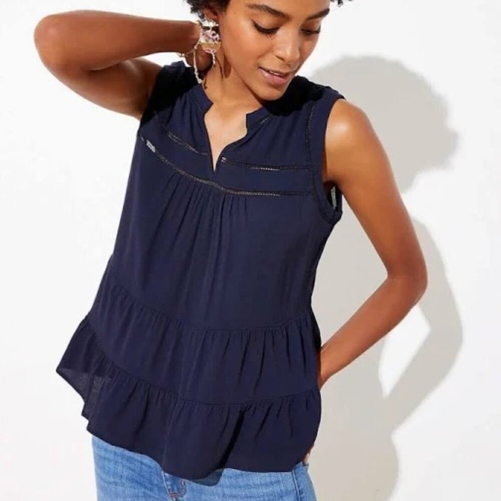 Loft Lace Peplum Shell Sleeveless Top Navy NWT
